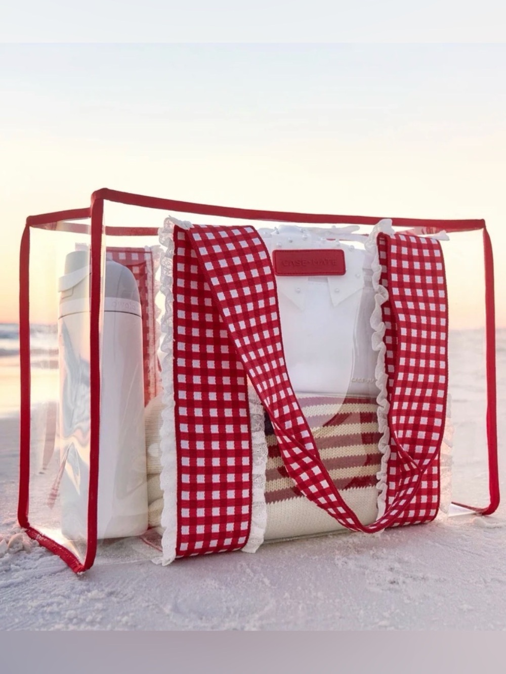 Case-Mate Clear Beach Tote with Red Gingham Handles